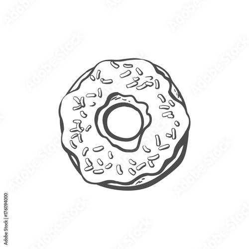 Vector sketch donut with glaze icing and sprinkles cartoon isolated illustration on a white background. Sweet delicious dessert food, snack