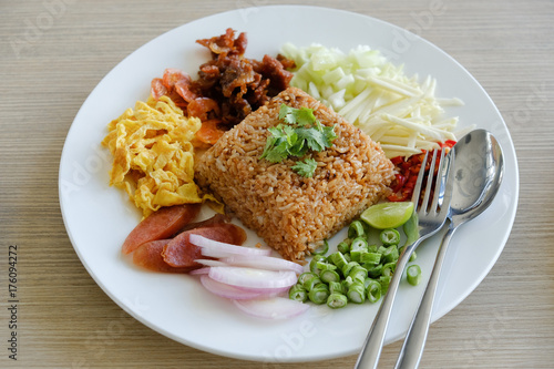 Rice Mixed with Shrimp paste on white plate