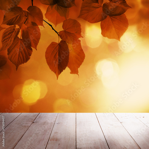 Autumn Background with Red Linden Leaves  Golden Bokeh and Empty Wooden Board with Copy space. Rustc Outdoor Template Mock up