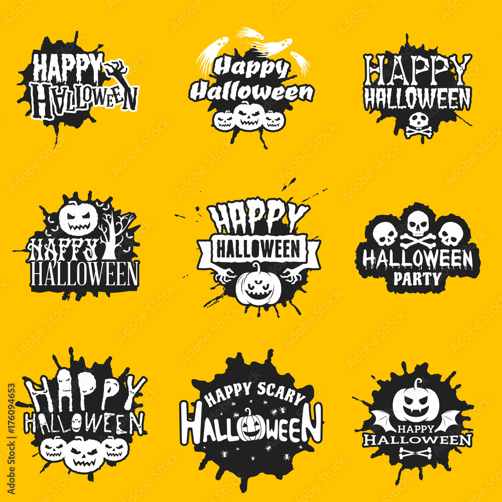 Set of happy Halloween black stickers on yellow background. Vector design elements for greetings card, party flyer and promotional materials. Vector illustration