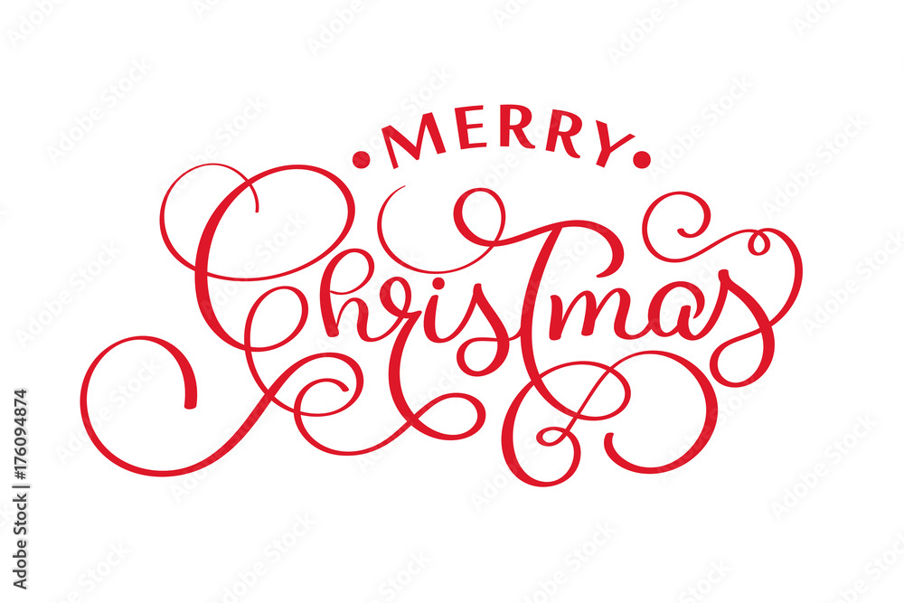 merry christmas red handwritten lettering inscription xmas holiday phrase, typography banner with brush script, calligraphy vector illustration