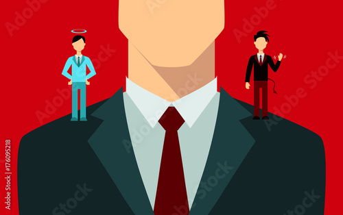 Businessman with angel and devil on his shoulders.