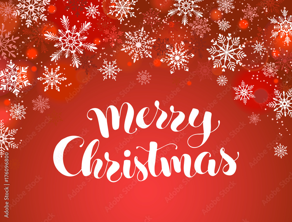 Merry Christmas greeting card template. Modern winter holidays lettering with snowflakes on red background. Merry Christmas vector illustration with text.