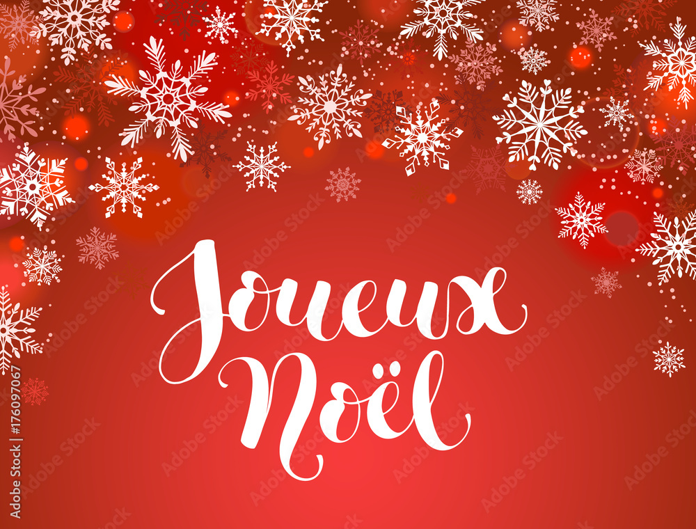 Merry Christmas french greeting card template. Modern winter holidays lettering with snowflakes on red background. Merry Christmas vector illustration with text.