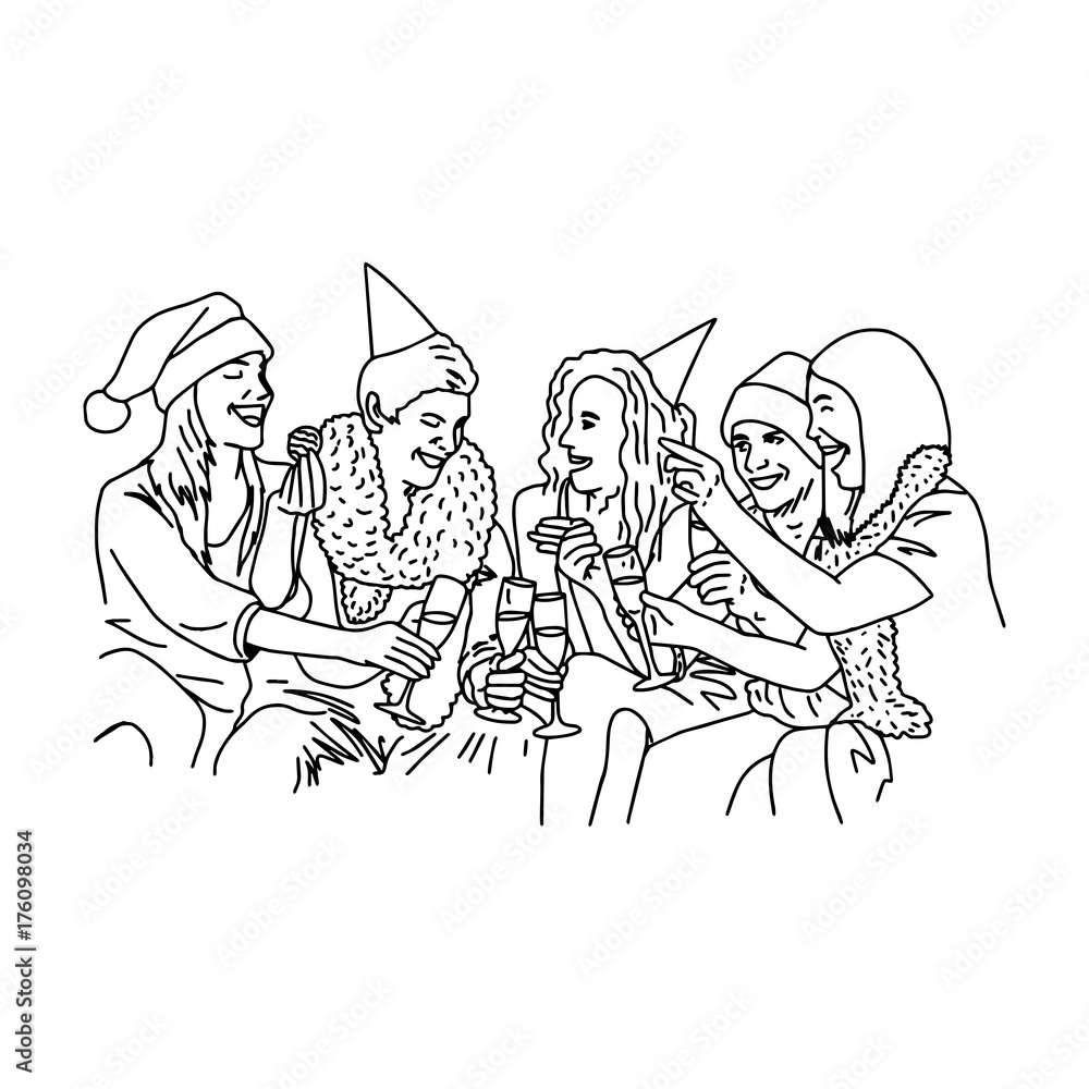 Fototapeta premium Row of joyful friends with champagne and xmas party vector illustration sketch hand drawn with black lines, isolated on white background