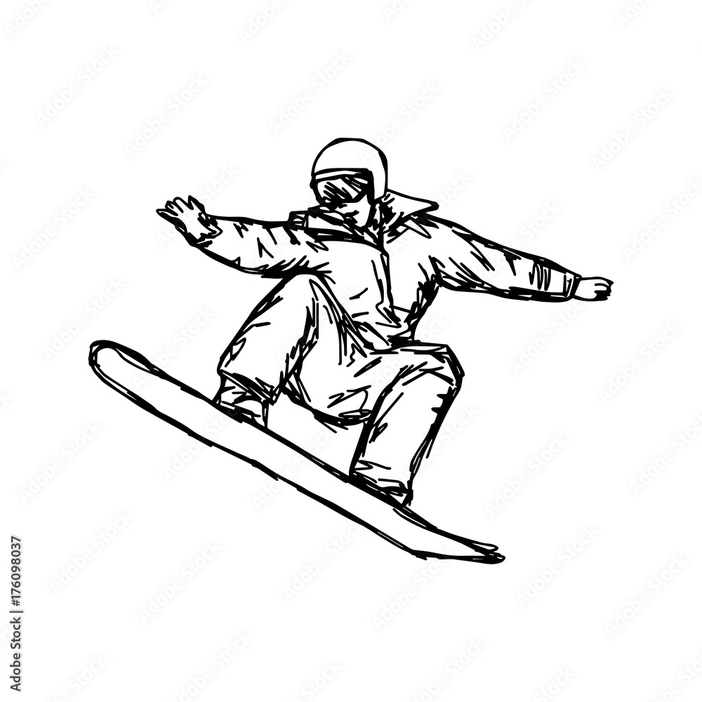 sketch snowboarder vector illustration sketch hand drawn with black lines, isolated on white background