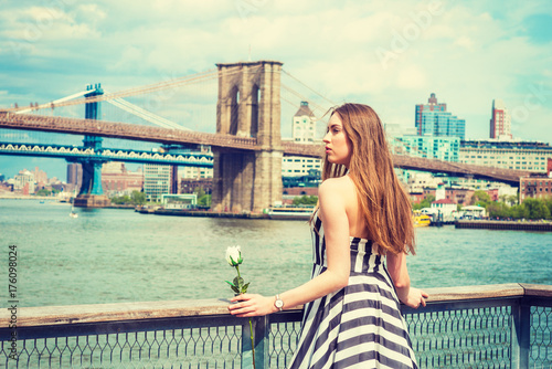 Young Woman missing you, waiting for you, holding white rose, wearing black, white striped dress, standing by fence at harbor in New York, looking away. Manhattan, Brooklyn bridges on background.. © Alexander Image