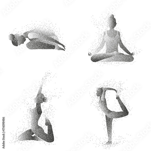 Woman is doing yoga exercises. Particle female silhouette vector set. Women's yoga class.