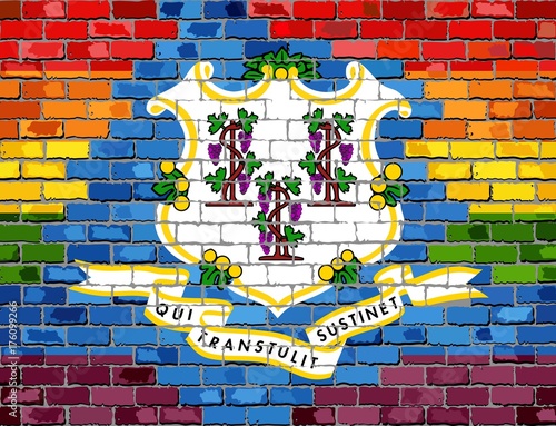 Brick Wall Connecticut and Gay flags - Illustration,
Rainbow flag on brick textured background, 
Abstract grunge Connecticut Flag and LGBT flag