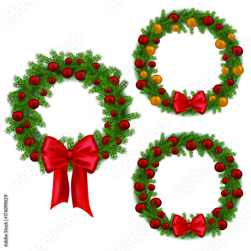 Christmas wreath, decoration for Christmas from Christmas trees and balls, the wreath on the door and the wall