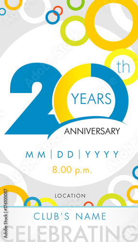 20 years anniversary invitation card, celebration template concept. 20th years anniversary modern design elements with background colored circles. Vector illustration
