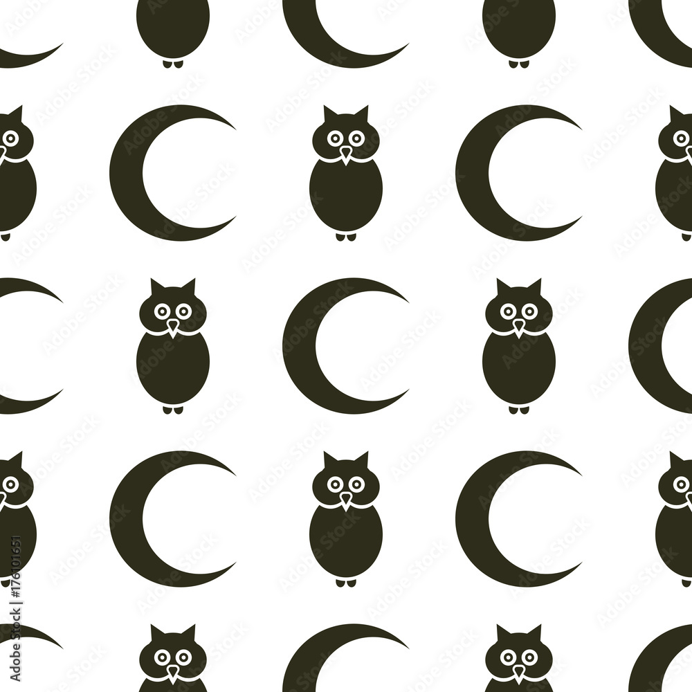 Geometric seamless pattern of owl and moon. Halloween flat icon symbols in black color on white background. Geometric seamless pattern of owl and moon. Halloween flat icon symbols in black color on white background.