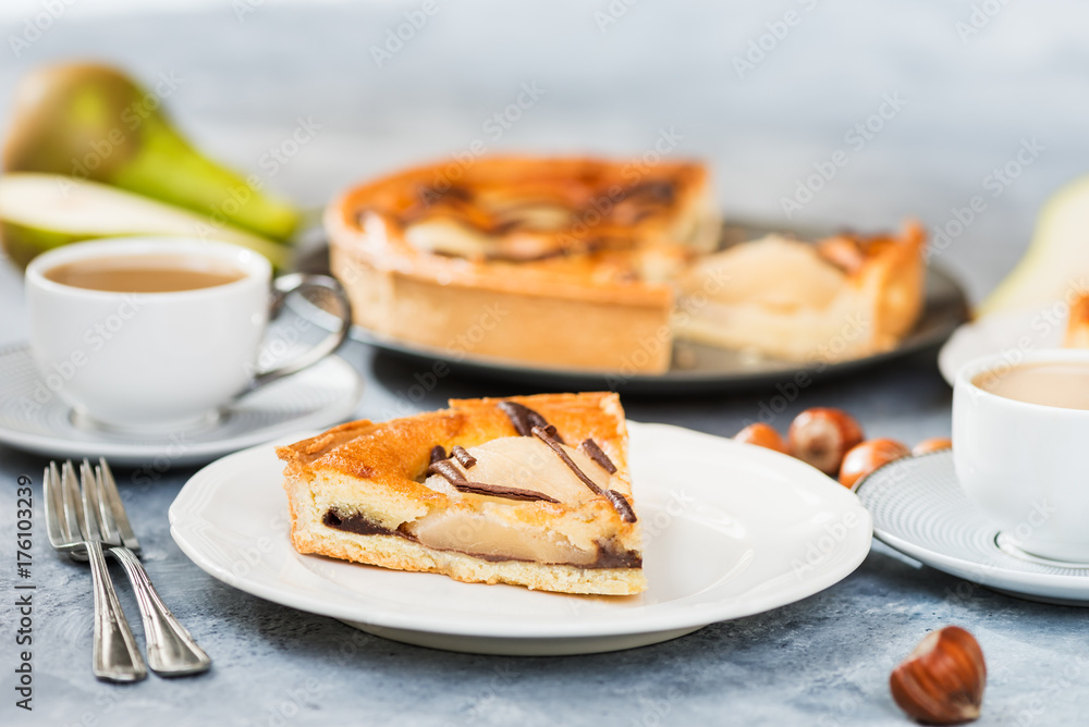 Slice of pear cake. Autumn comfort food