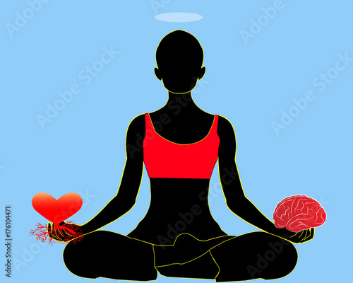 Woman in lotus meditation position with heart and brain in hands. Spiritual balancing. Mindful meditation concept illustration vector.