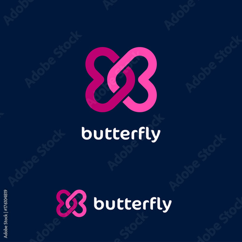 Butterfly logo. Love emblem. Dating website logo. Two pink twisted hearts on a dark background.