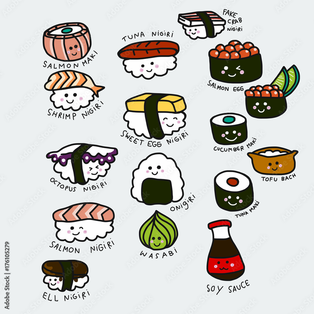 Cute sushi set cartoon vector illustration doodle style Stock ベクター ...