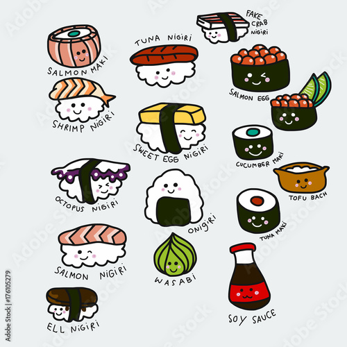 Cute sushi set cartoon vector illustration doodle style
