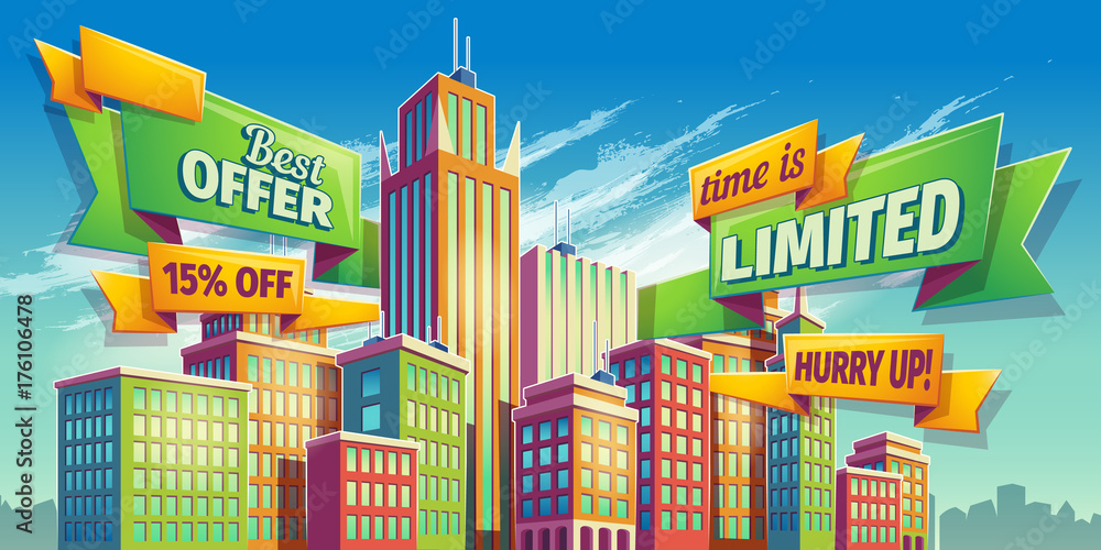 Vector cartoon illustration, banner, urban background with modern big city buildings, skyscrapers, business centers and space for your text. Advertising banner for real estate agency Vector cartoon illustration, banner, urban background with modern big city buildings, skyscrapers, business centers and space for your text. Advertising banner for real estate agency