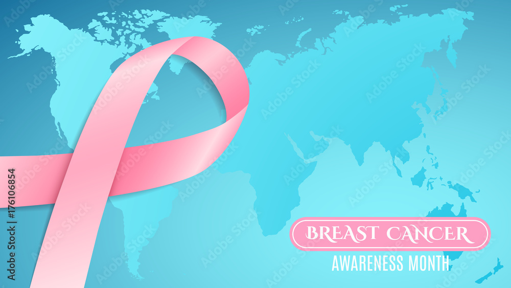 Fototapeta premium Breast Cancer Awareness pink ribbon. White text. Planet Earth Map. Light blue horizontal background. Fighting cancer. Vector