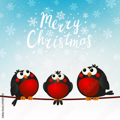 Christmas greeting card with cute bullfinches
