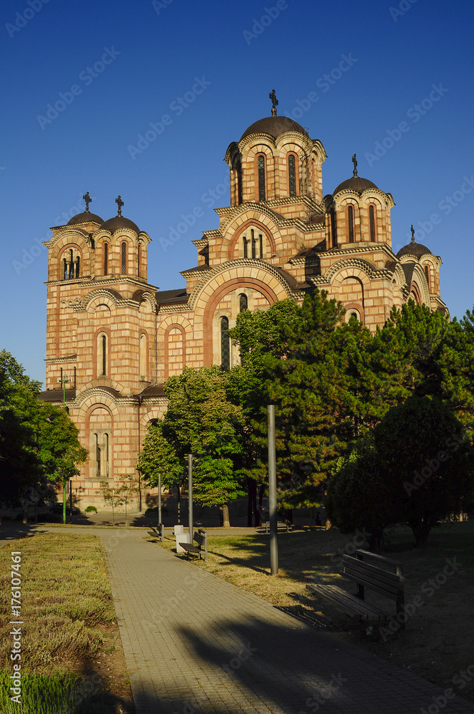 St. Mark's Church at beautiful blue hour is a Serbian Orthodox church located in the Tasmajdan park in Belgrade, Serbia