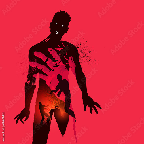 Nightmare scary zombie concept. Double exposure effect vector illustration.