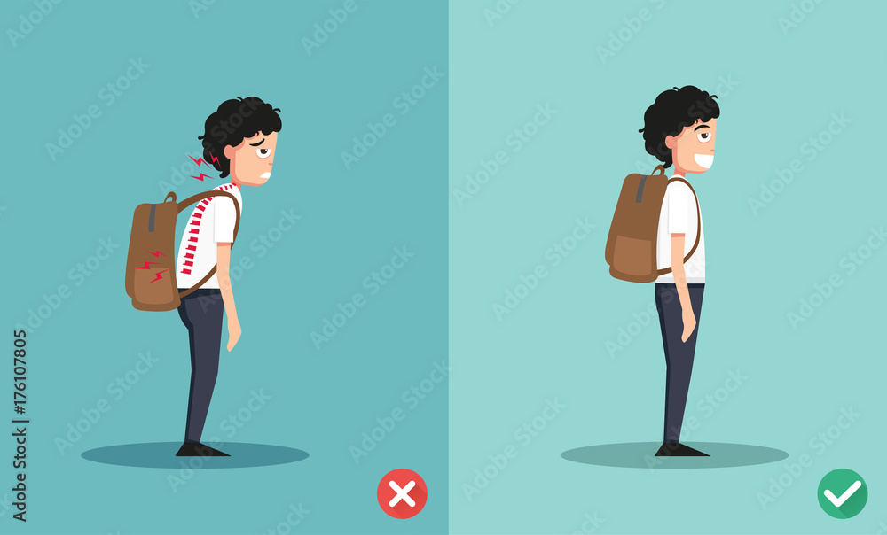 wrong and right ways for backpack standing illustration - obrazy, fototapety, plakaty 