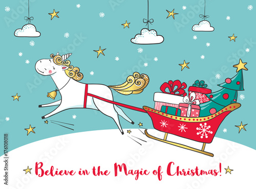 Winter card with cute unicorn and gifts.