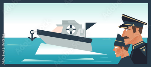 Sergeant ship and sailor, boat, yacht in the sea. Vector illustration