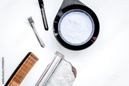 Tools for hair dye and hairdye top view white background