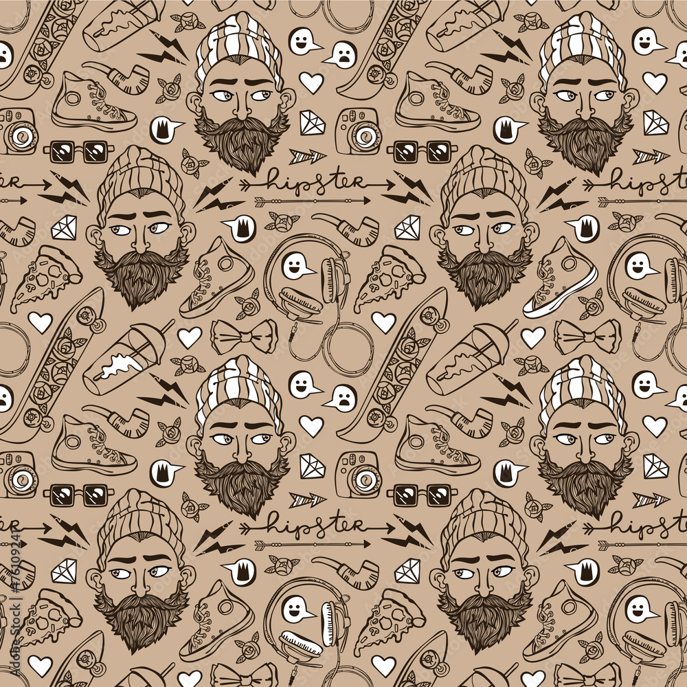 Hipster set. Young man, headphones, sneakers, glasses, pizza piece. Seamless vector pattern (background). Hipster set. Young man, headphones, sneakers, glasses, pizza piece. Seamless vector pattern (background).
