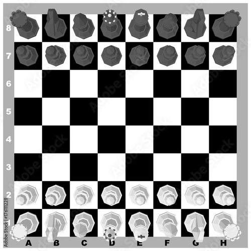 Chess board with figures. 3d Vector illustration. Top view.