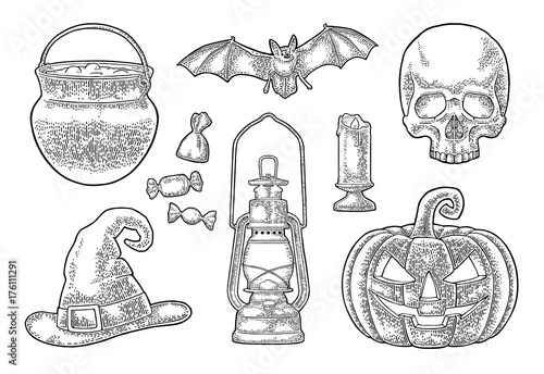 Halloween pumpkin with scary face. Vector vintage engraving illustration.
