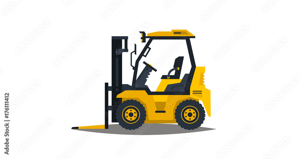 Naklejka premium Forklift isolated on white background. Construction machinery. Car loader. Commercial Vehicles. Vector illustration. Flat style