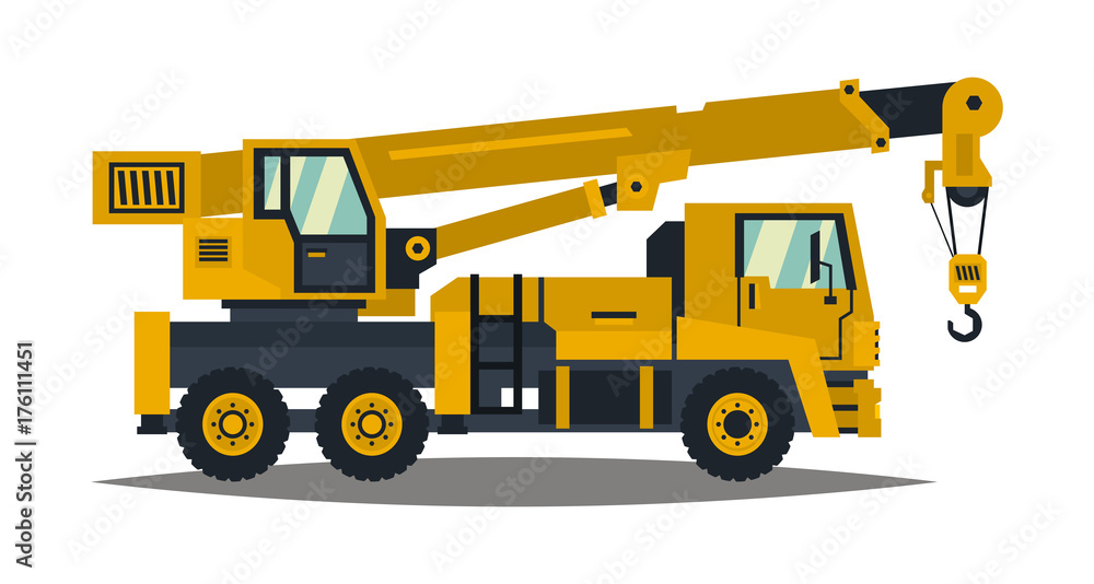 Truck crane. Yellow, isolated on white background. Construction machinery. Vector illustration. Flat style
