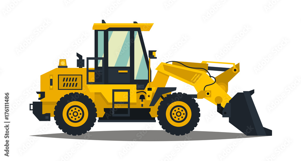 Front-end loader. Isolated on white background. Construction machinery. Flat style