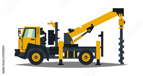 Truck drilling. Yellow, isolation on a white background. Drilling rig. Anchor truck. Construction machinery. Crushing of land. Vector illustration. Flat style