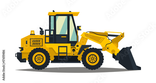 Front-end loader. Isolated on white background. Construction machinery. Flat style