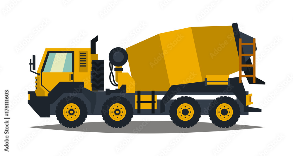 Naklejka premium Concrete mixer. Yellow truck with special equipment. Isolated on white background. Construction machinery. Flat style