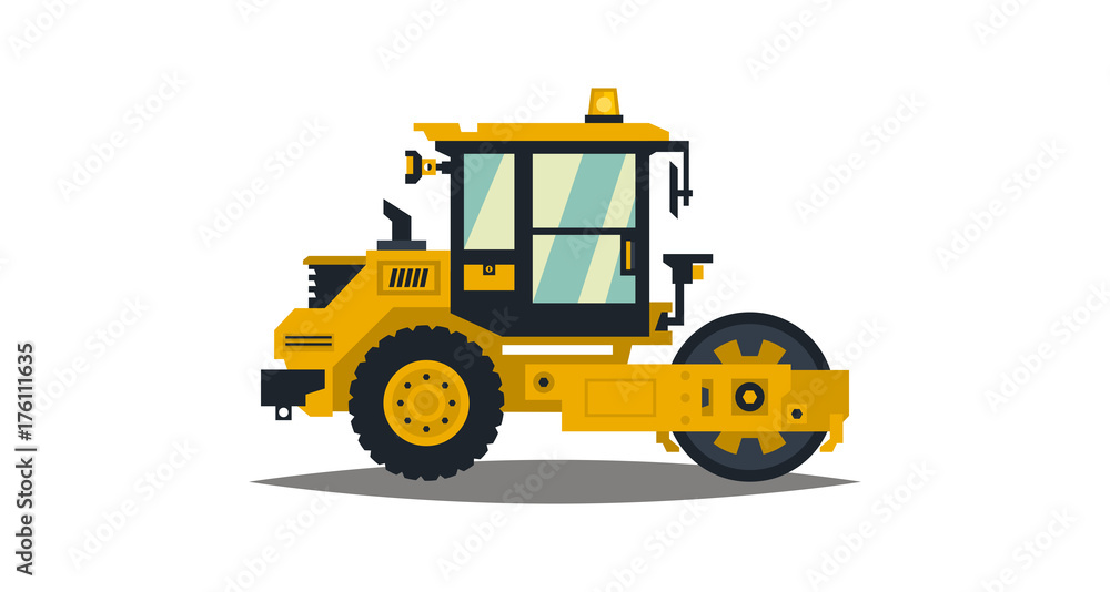 Yellow asphalt compactor isolated on white background. Construction machinery. Special equipment. Road repair. Vector illustration. Flat style