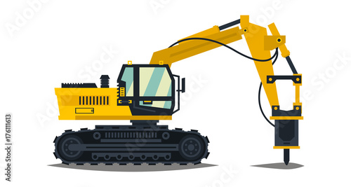 Excavator with his hammer. Hydraulic crusher. Yellow, isolated on white background. Construction machinery. Special equipment. Vector illustration. Flat style