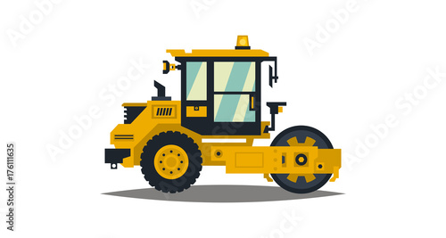 Yellow asphalt compactor isolated on white background. Construction machinery. Special equipment. Road repair. Vector illustration. Flat style