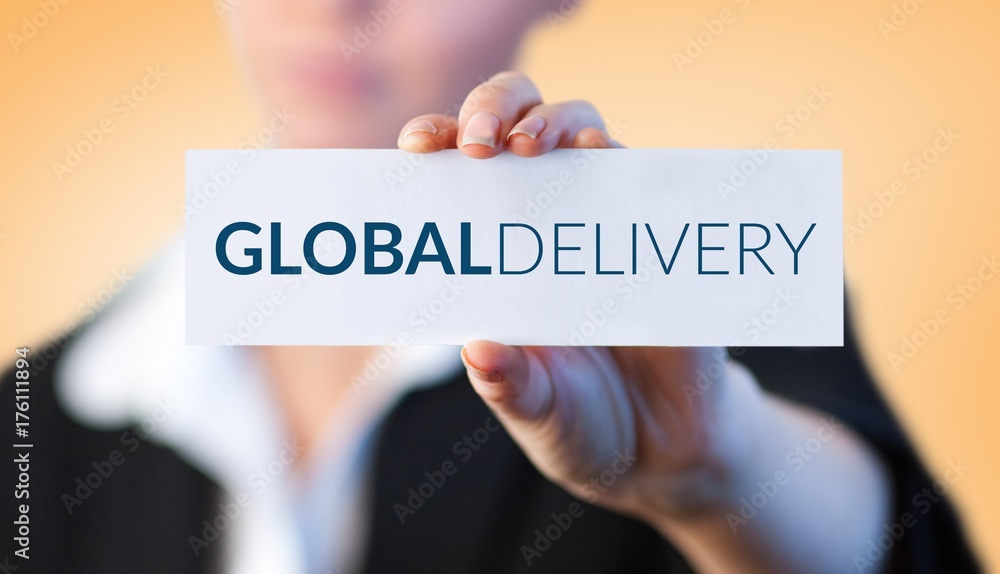 Composite image of close up of businesswoman holding blank card Composite image of close up of businesswoman holding blank card