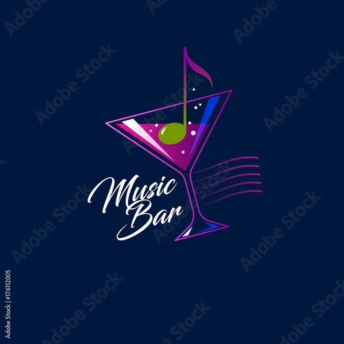 Music bar logo. Olive as a note in a glass on a dark background.
