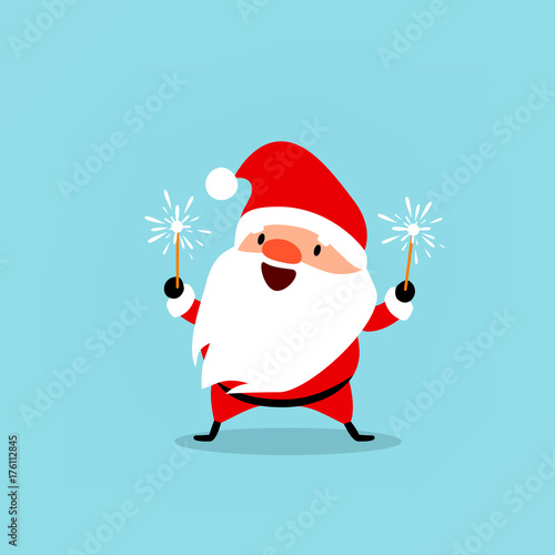 Santa Claus celebrates the New Year with sparkler in his hands. Cute emotional Christmas character. Element from the collection. Vector illustration isolated on light blue background
