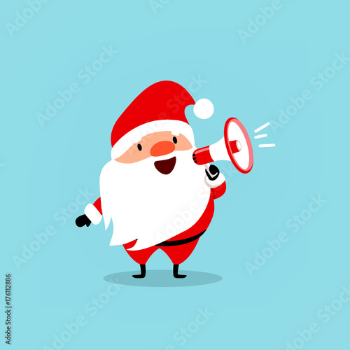 Santa Claus with a megaphone. Cute emotional Christmas character. Element from the collection. Vector illustration isolated on light blue