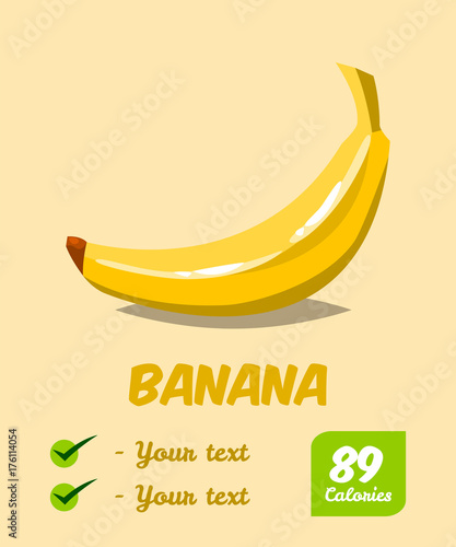 Banana. Calories and useful properties. Natural fruit. Poster Print on healthy eating. Vector illustration. Flat style