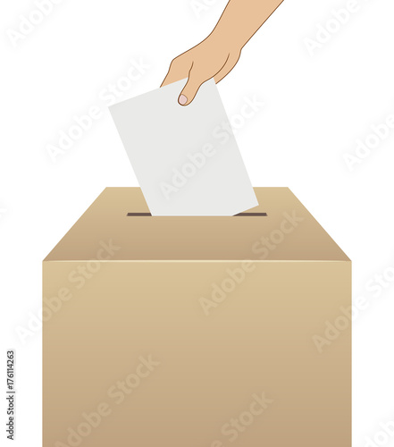 elections voting vector, hand putting vote into ballot box, isolated illustration with blank places for your text