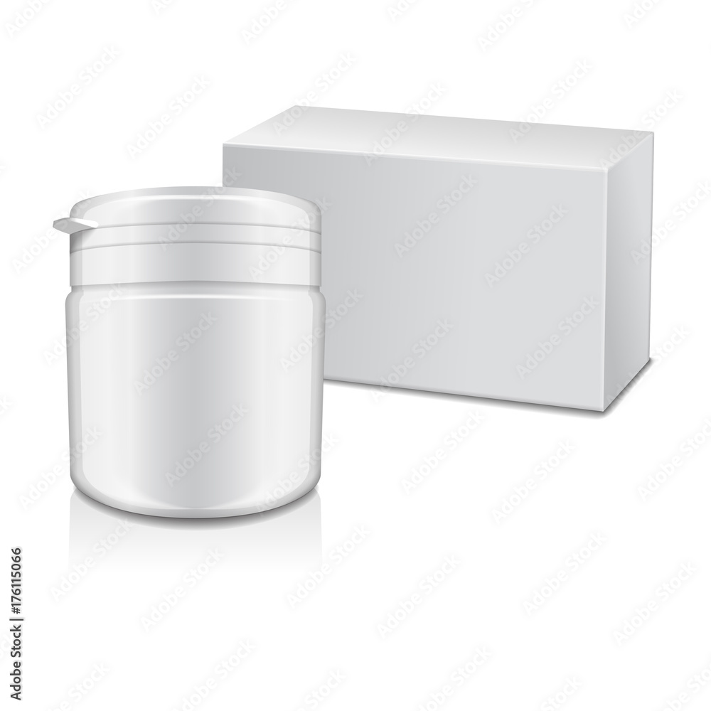 Vector template of white plastic bottle with screw cap and box for medicine, pills, tabs, vitamins. Packaging mock up illustration Vector template of white plastic bottle with screw cap and box for medicine, pills, tabs, vitamins. Packaging mock up illustration