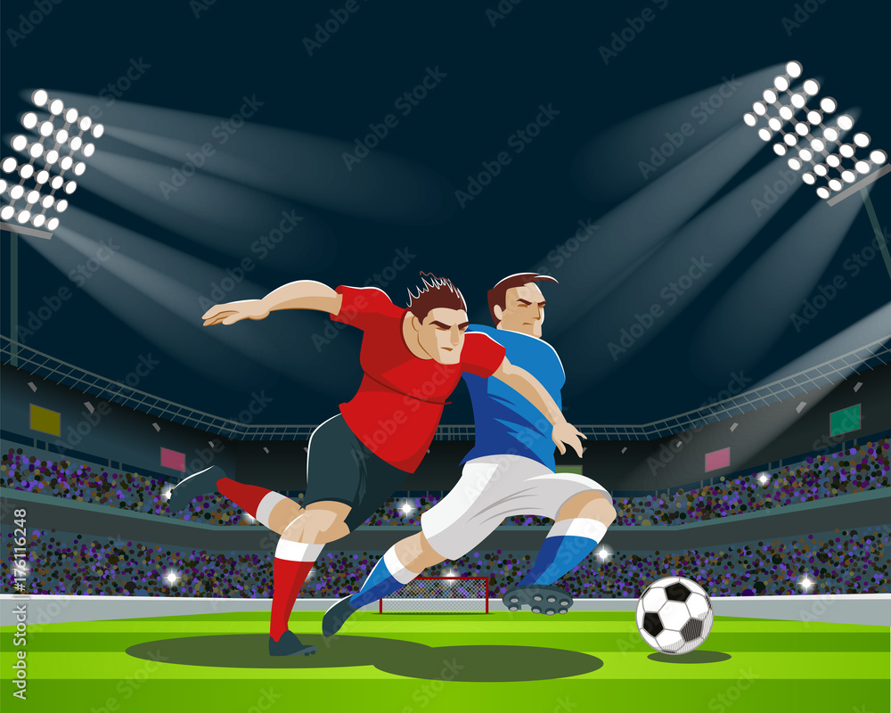Fototapeta premium Players are fighting for the ball in stadium. Light, stands, fans.